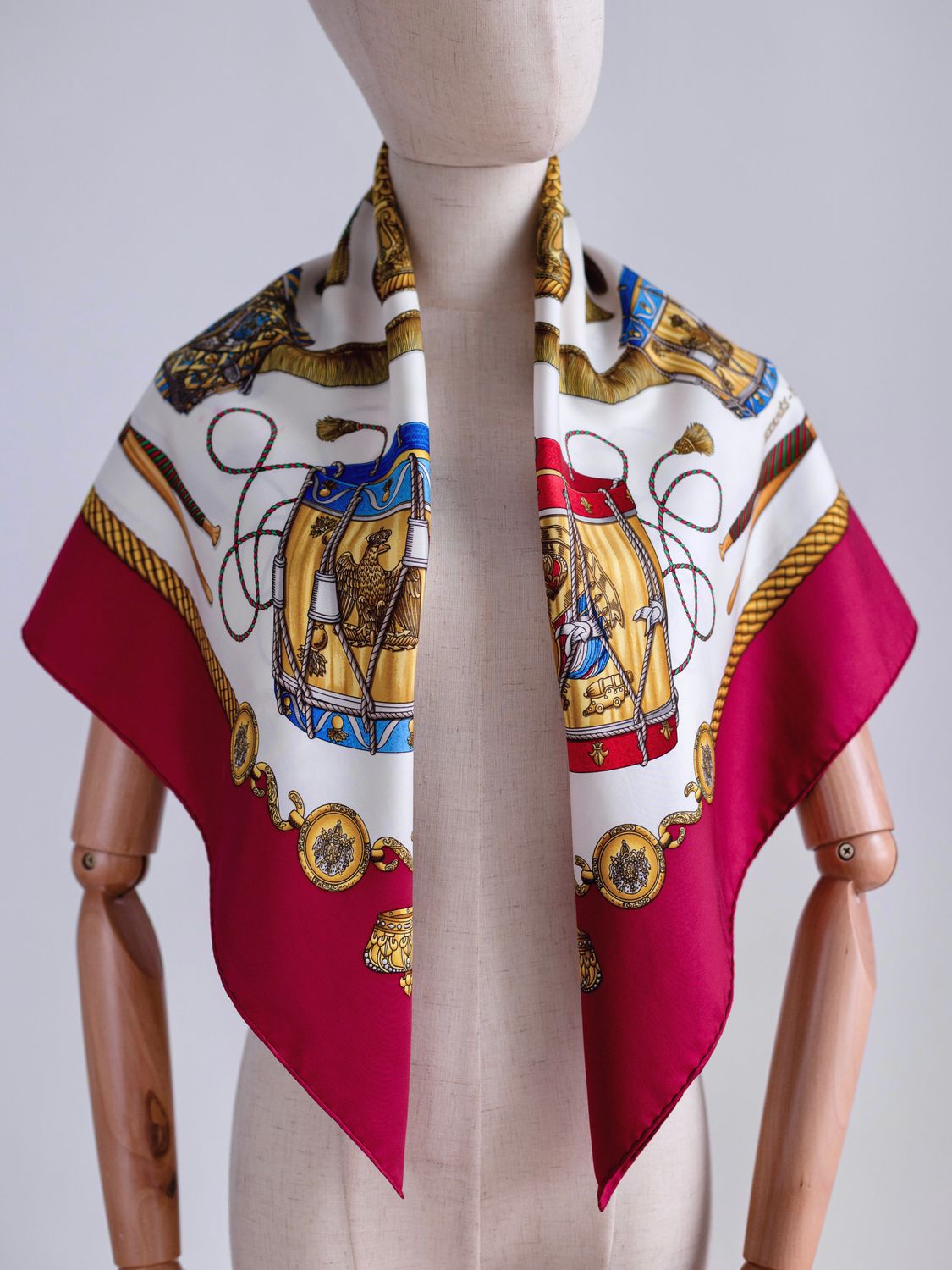 Hermès Les Tambours Burgundy Silk Scarf