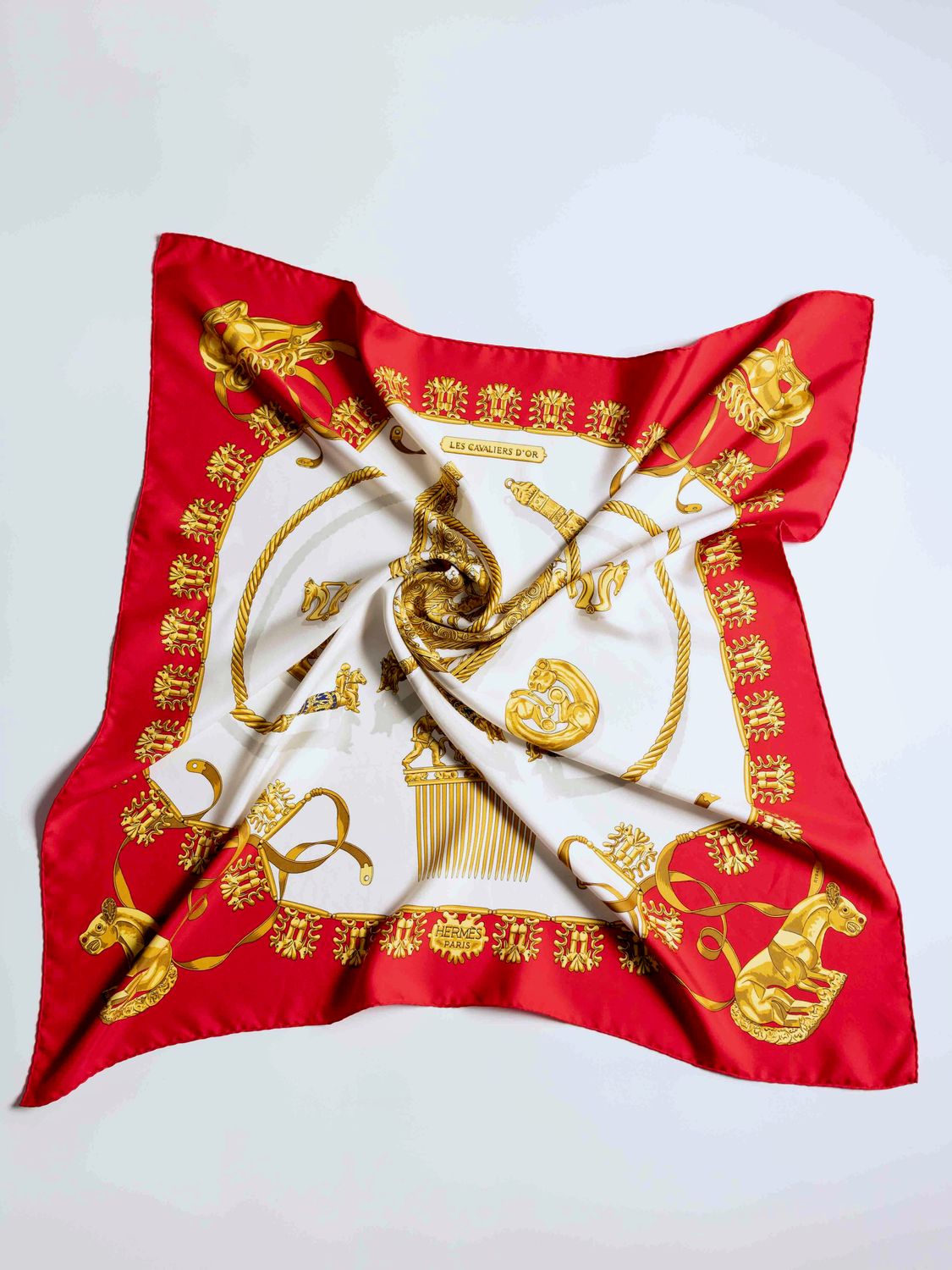 Hermès Les Cavaliers d’Or Red Silk Scarf