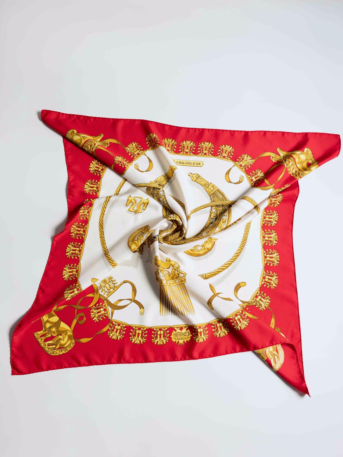 Hermès Les Cavaliers d’Or Red Silk Scarf