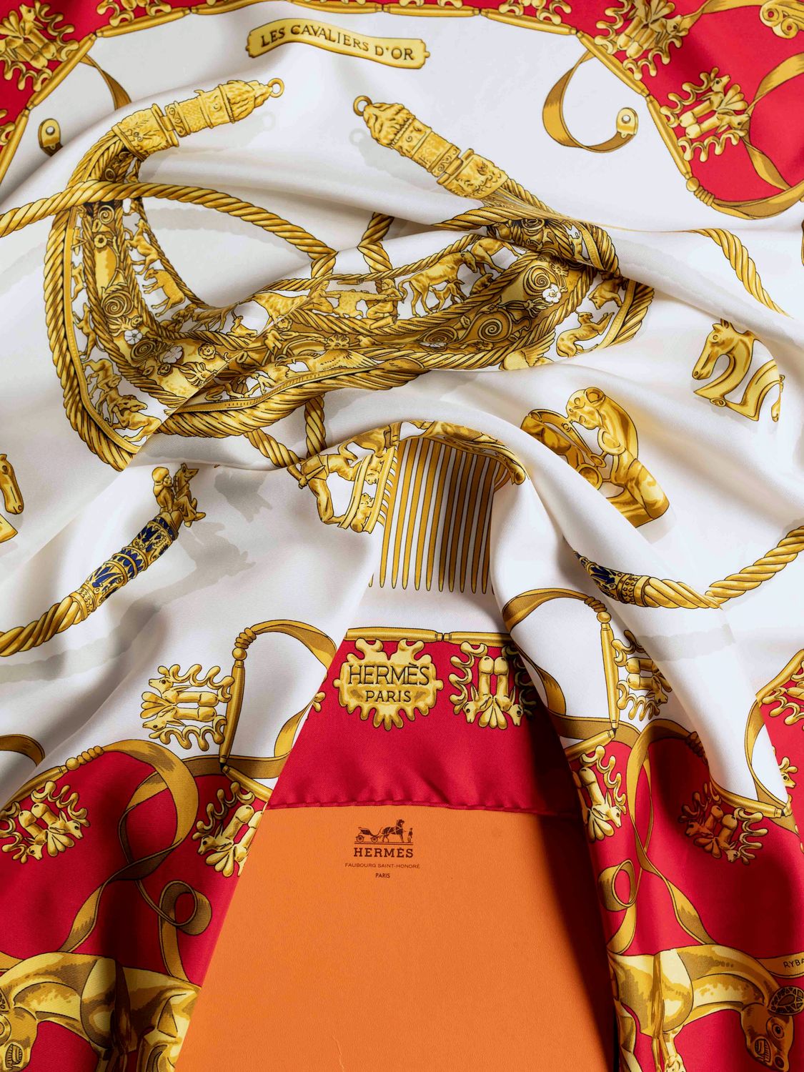 Hermès Les Cavaliers d’Or Red Silk Scarf