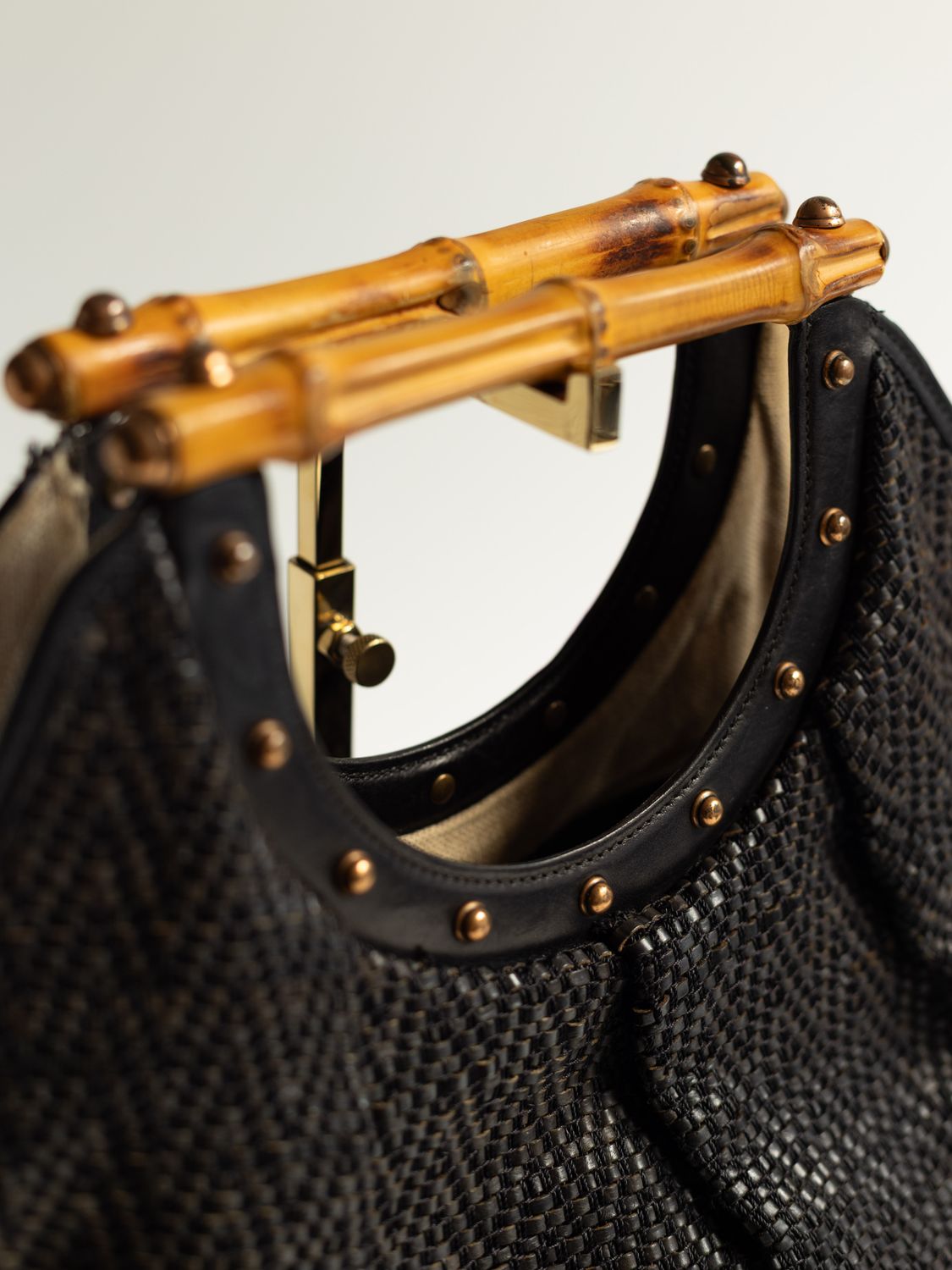 Gucci Woven Leather Bamboo Bag