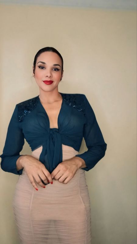 BLUE SPARKLING RHINESTONES MESH TOP