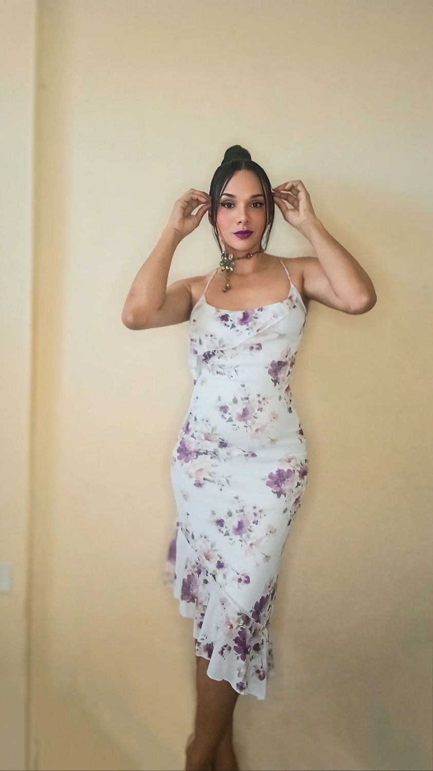 FLOWER PRINT ASYMMETRICAL RUFFER MIDI DRESS