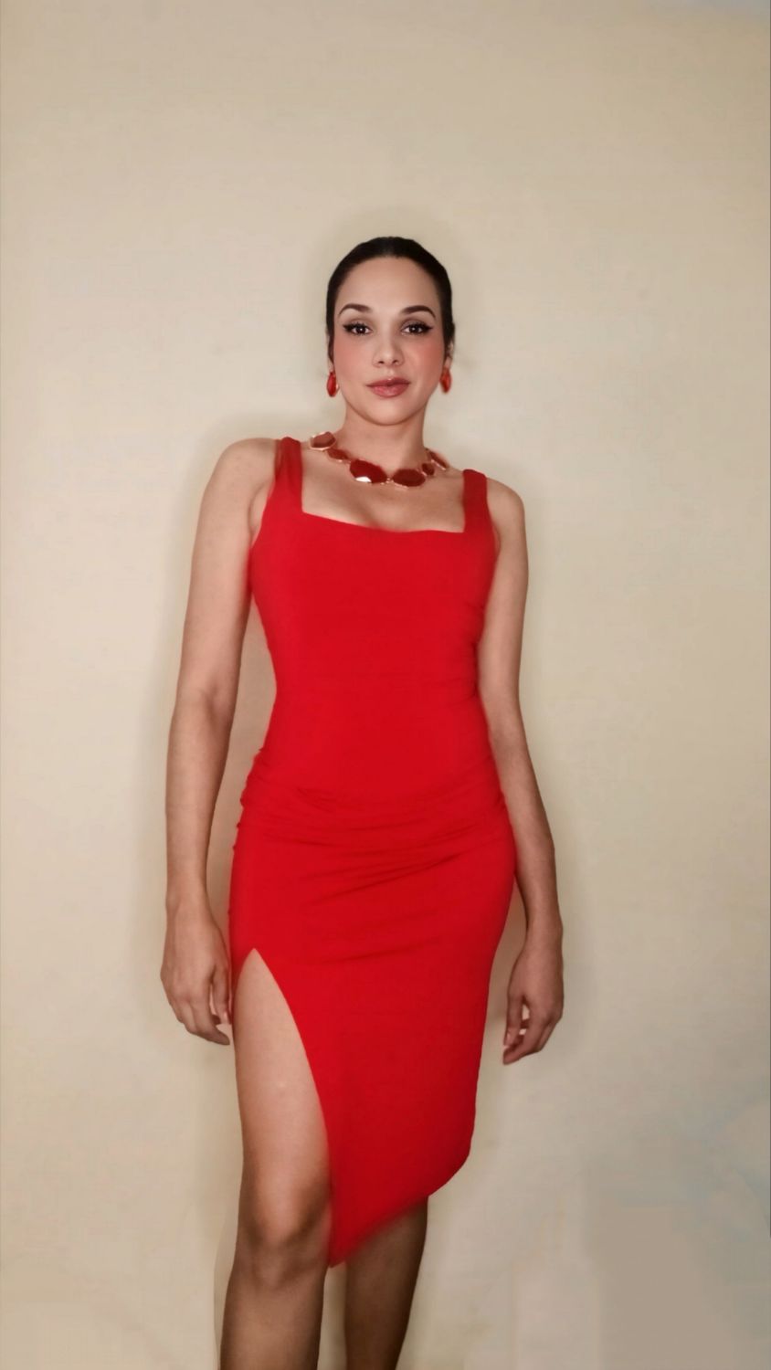 RED SQUARE NECK MIDI DRESS