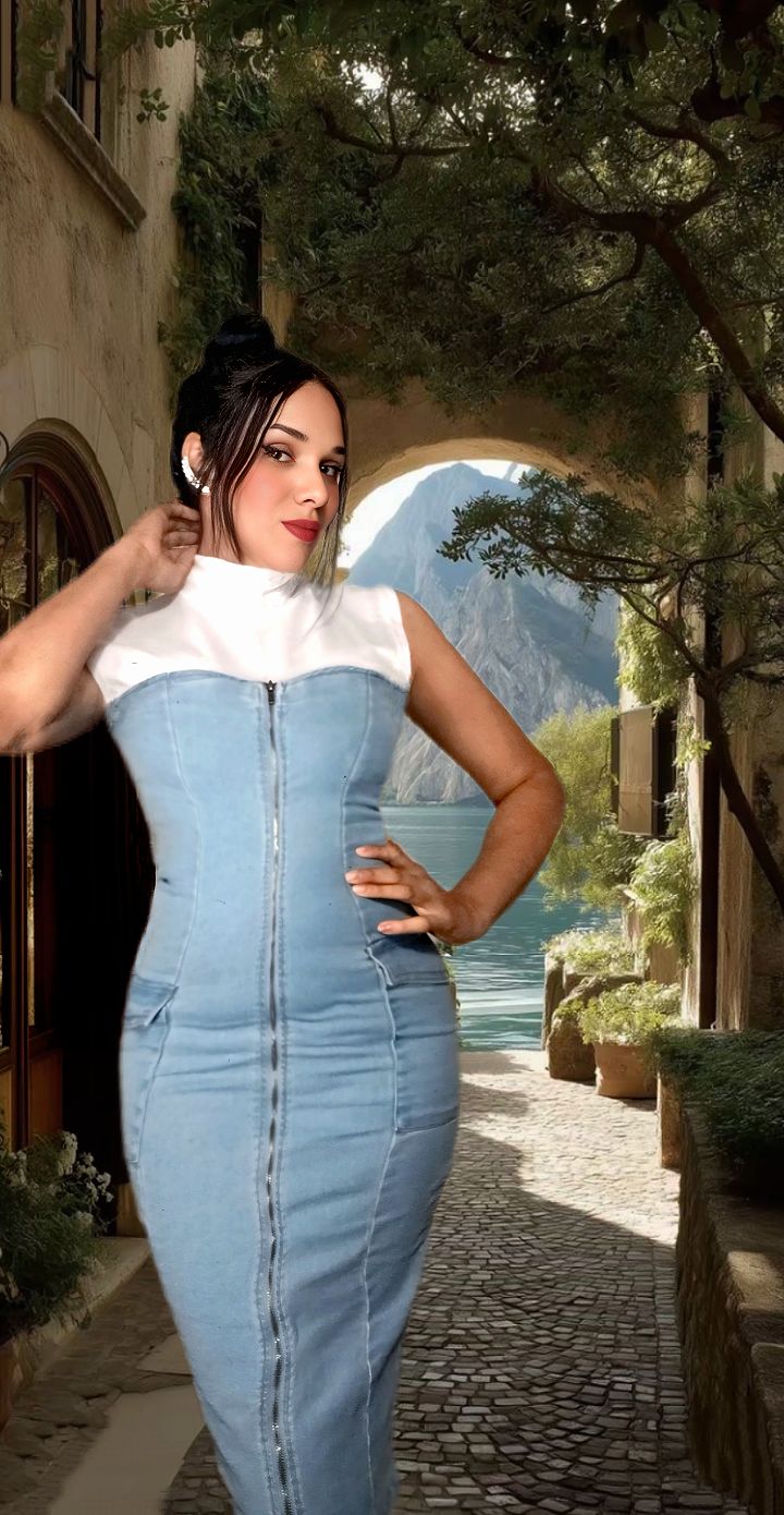 Front zipper denim midi dress