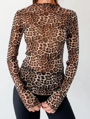 MESH LEOPARD MOCK NECK LONG SLEEVE TOP