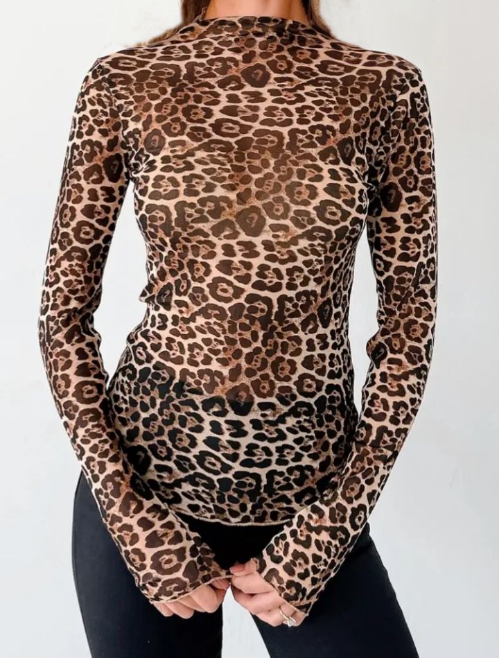 MESH LEOPARD MOCK NECK LONG SLEEVE TOP