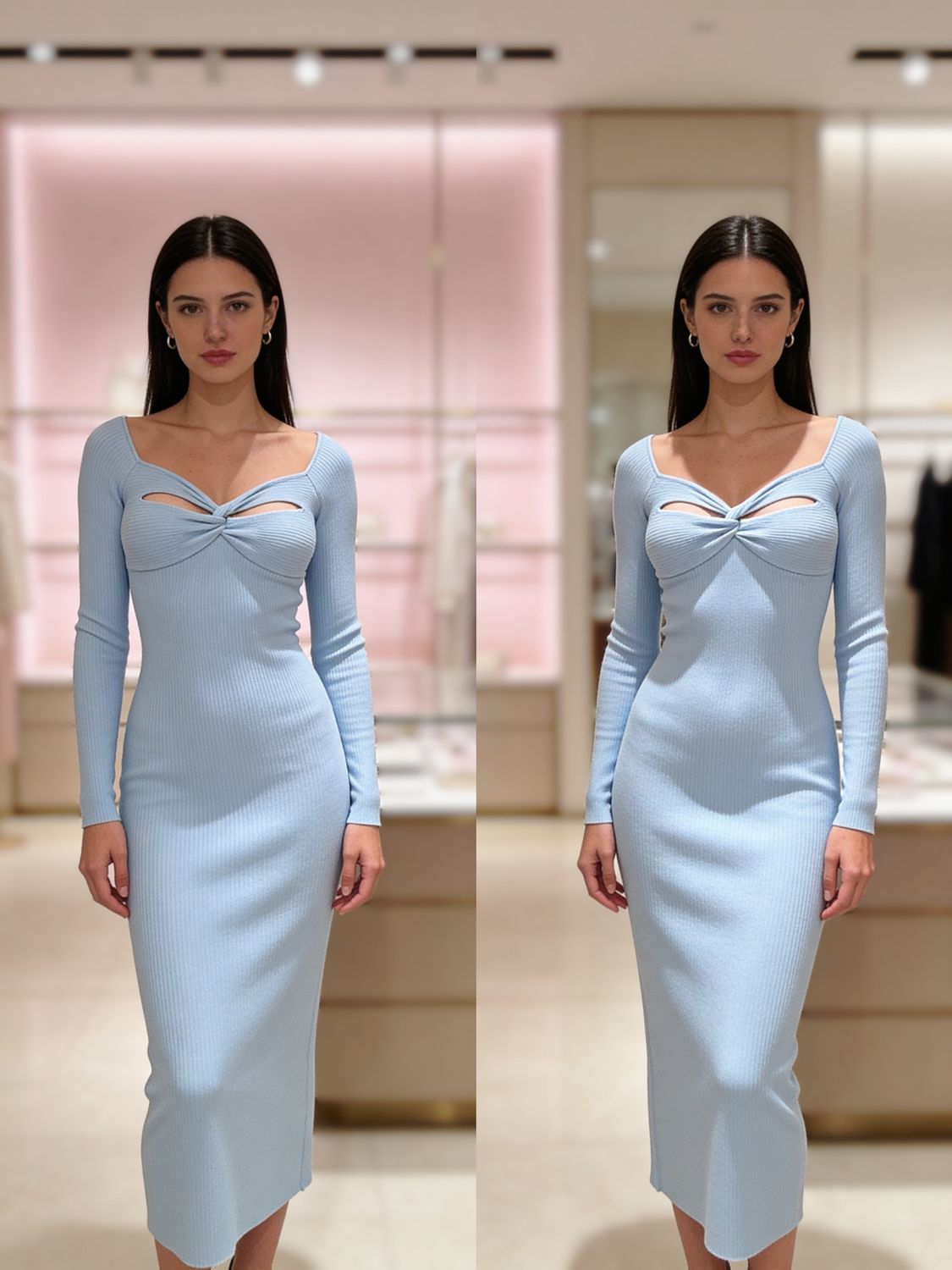 AIRY SOFT V-NECK LONG SLEEVE MIDI SWEATER DRESS