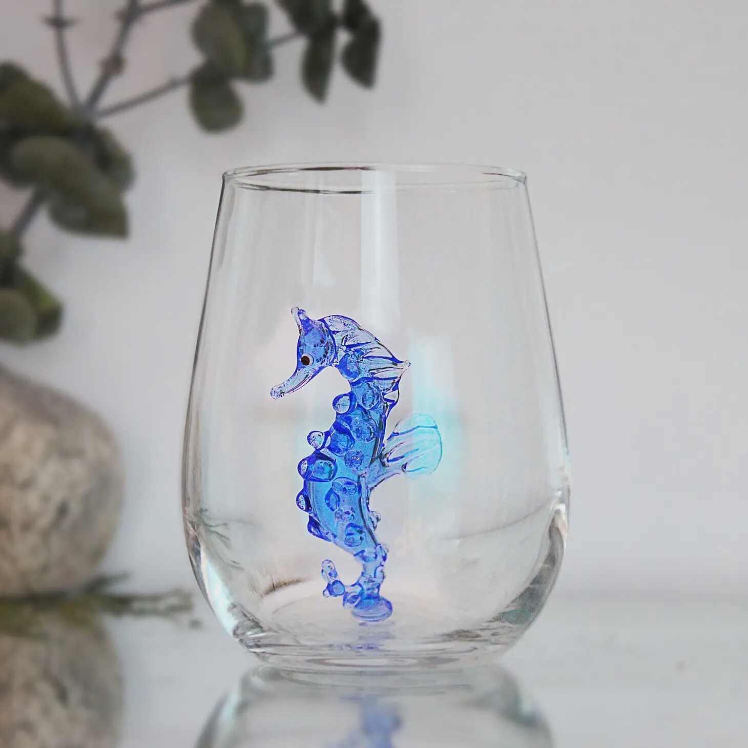Seahorse stemless Murano wine glass handblown