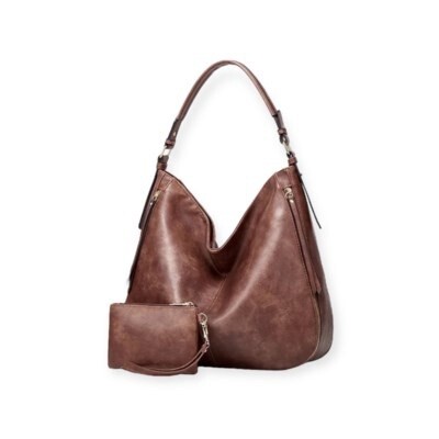 BROWN PURSE WITH SMALL PINK AND GOLD CLUTCH VEGAN
