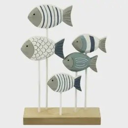 WOODEN SHOAL 5 FISH ON STAND 15CM