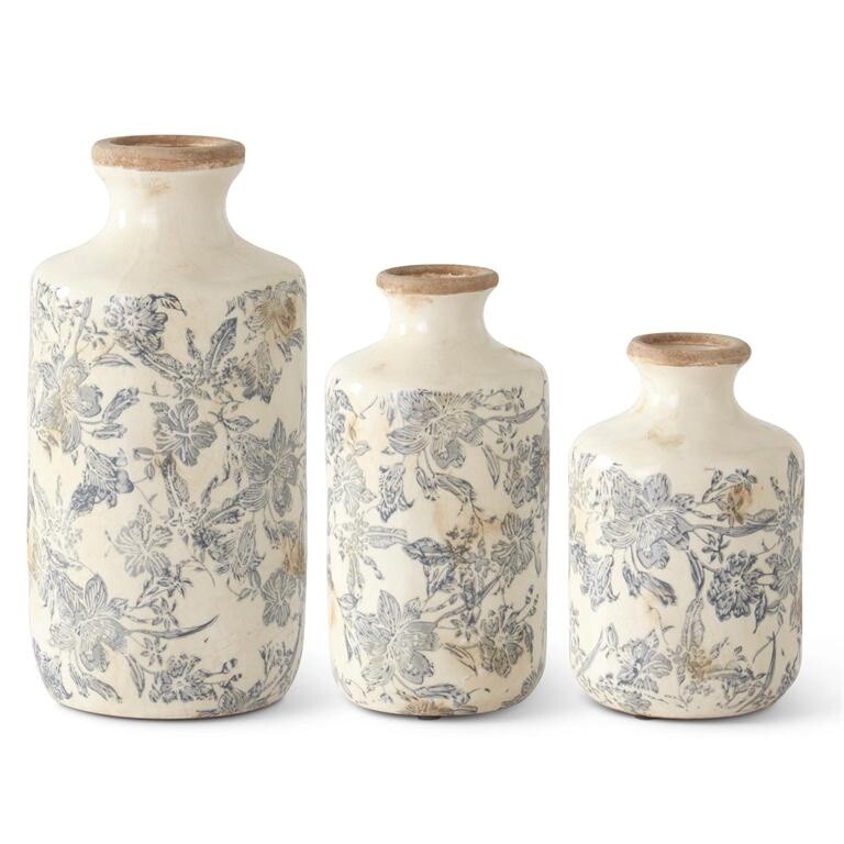 3 WHITE/GREY FLORAL CERAMIC VASES