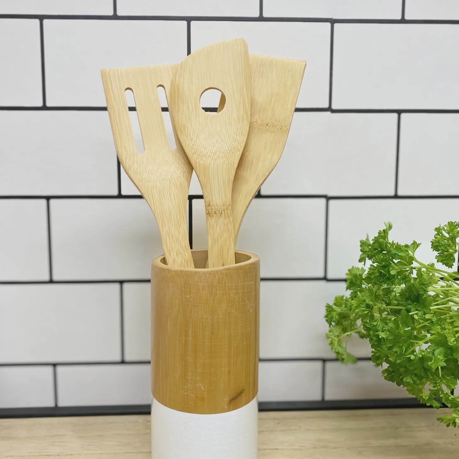 SIX PIECE WOODEN UTENSILS WITH HOLDER