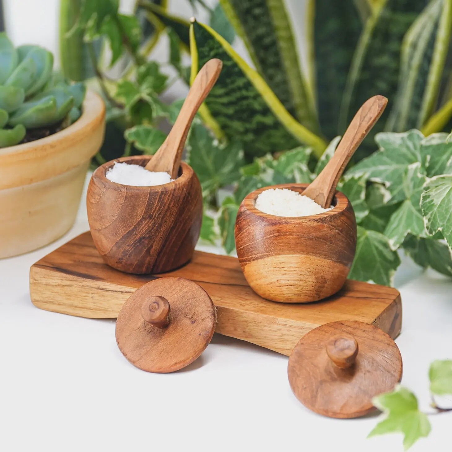 TEAK WOOD SPICE JAR SET WITH TRAY/SPOONS