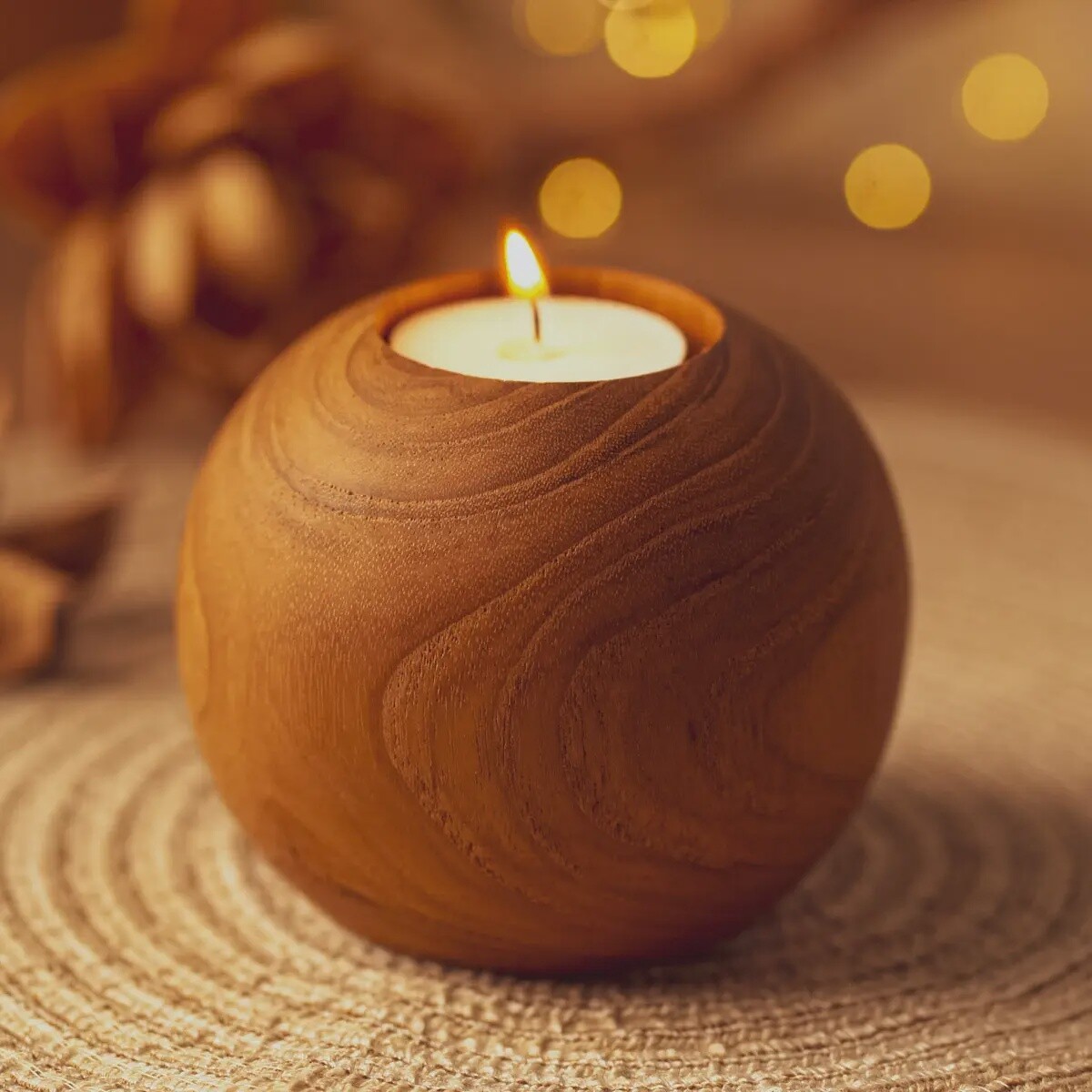 TEAK BALL TEALIGHT HOLDER