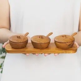 TEAK WOOD CONDIMENT DIPPING BOWL SET