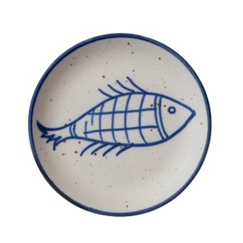 BLUE AND CREAM HAND PAINTED FISH PLATE 7"