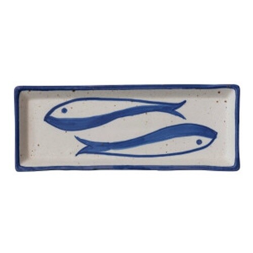 CREAM/BLUE HAND PAINTED PLATE FISH 12X4.5"