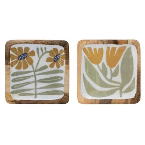 SQUARE 8" MANGO WOOD PLATE/FLORALS. ASST