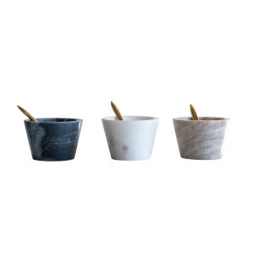 MARBLE BOWL W/BRASS SPOON SET OF 2 ASST