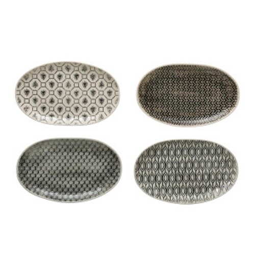HAND-STAMPED STONEWARE PLATE W/ EMBOSSED PATTERN, CREAM COLOR &amp; BLACK, 4 STYLES