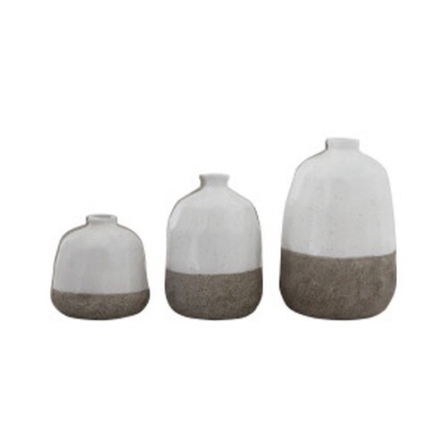 6"H, 5"H &amp; 3-1/2"H TERRA-COTTA VASES, GREY &amp; WHITE, SET OF 3