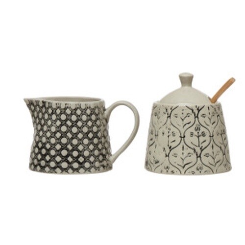 HAND-STAMPED STONEWARE CREAMER &amp; 3-1/2" ROUND X 4"H 8 OZ. SUGAR JA