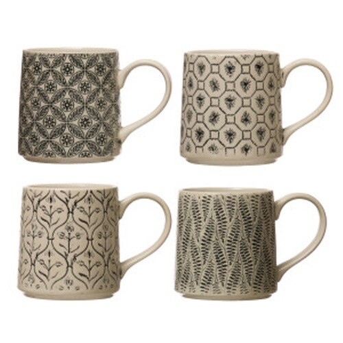 16 OZ. HAND-STAMPED STONEWARE MUG W/ EMBOSSED PATTERN, CREAM COLOR &amp; BLACK