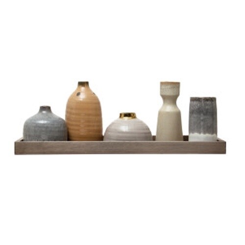 MANGO WOOD TRAY W/ 1 TAPER HOLDER &amp; 4 VASES, REACTIVE GLAZE, MULTI COLOR, SET