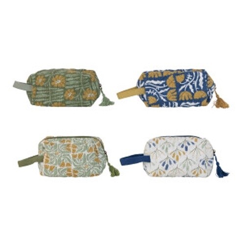 QUILTED COTTON ZIP POUCH W/ FLOWERS &amp; TASSEL, MULTI COLOR, 4 STYLES