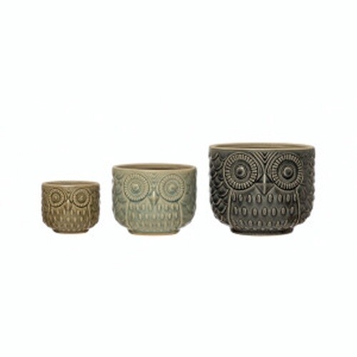 STONEWARE OWL PLANTERS, CRACKLE GLAZE,