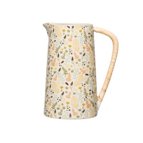 STONEWARE PITCHER W/ RATTAN WRAPPED HANDLE &amp; FLORAL PATTER