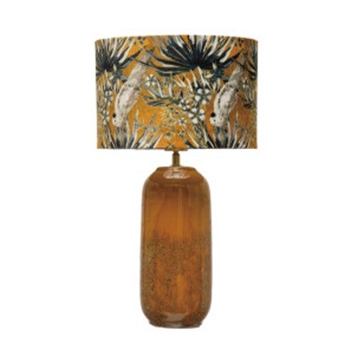 STONEWARE TABLE LAMP W/ COCKATOO PRINT VELVET SHADE &amp; INLINE SWITCH,