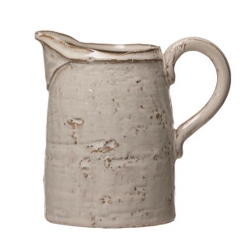 28 OZ. STONEWARE PITCHER, REACTIVE GLAZE, WHITE