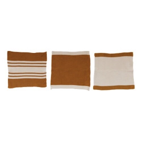 11-1/2" SQUARE COTTON KNIT DISH CLOTHS, MUSTARD &amp; CREAM COLOR, SET OF 3 IN COTTON BAG