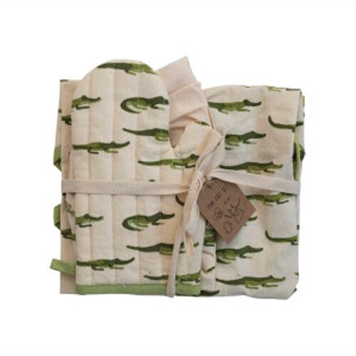 4"L X 20"W COTTON CHILD APRON W/ ALLIGATORS, CHEF HAT &amp; OVEN MITT, GREEN &amp; WHITE, SET OF 3