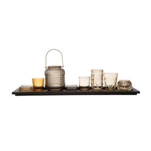 EMBOSSED GLASS TEALIGHT/VOTIVE HOLDERS W/ BLACK FINISH WOOD TRAY,