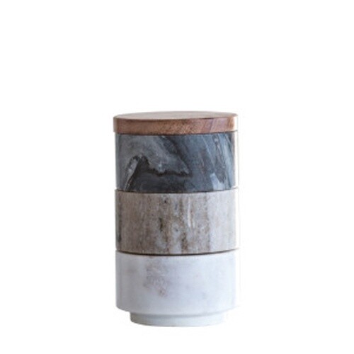 3" ROUND X 4-1/2"H MARBLE STACKABLE PINCH POTS W/ ACACIA WOOD LID, SET OF 3