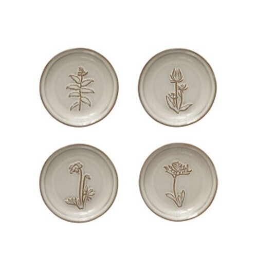 5" ROUND EMBOSSED STONEWARE DISH W/ FLOWER