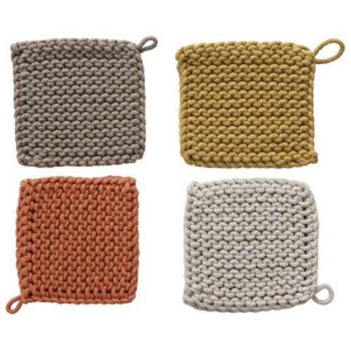 8" SQUARE COTTON CROCHETED POT HOLDER, 4 COLORS