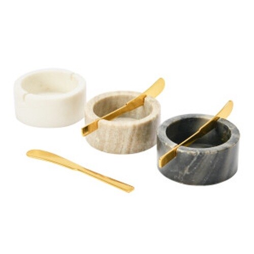 3" ROUND X 1-1/2"H MARBLE BOWL W/ 5"L METAL KNIFE, SET OF 2,