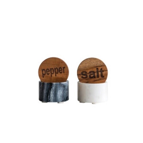 2-1/2" ROUND MARBLE SALT &amp; PEPPER CONTAINER W/ WOOD LID, WHITE &amp; BLACK