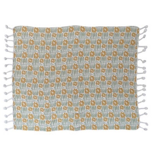 WOVEN RECYCLED COTTON BLEND PRINTED THROW W/ FLOWERs