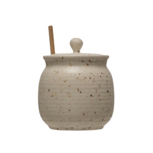 STONEWARE HONEY JAR W/ WOOD HONEY DIPPER, REACTIVE GLAZE, BEIGE SPECKLED,