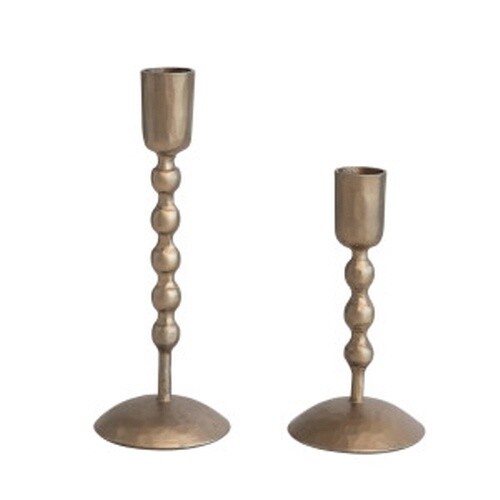 HAND-FORGED IRON TAPER HOLDERS, ANTIQUE BRASS FINISH