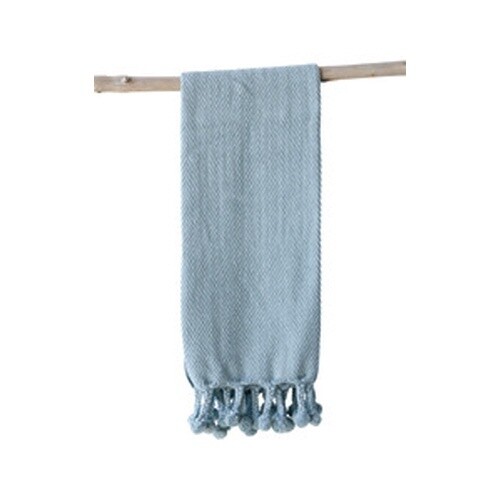 60"L X 50"W COTTON THROW W/ BRAIDED POM POM TASSELS, MINT COLOR