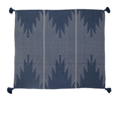 0"L X 50"W WOVEN RECYCLED COTTON BLEND THROW W/ AZTEC PATTERN &amp; TASSELS, BLUE