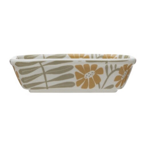 4-3/4"L X 3-1/2"W HAND-STAMPED STONEWARE SOAP DISH W/ FLOWERS