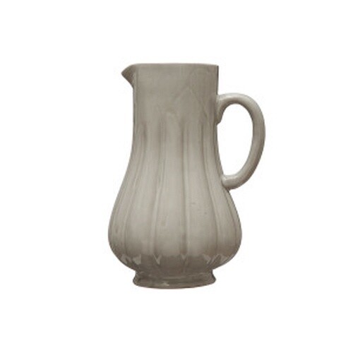 1 QUART STONEWARE FLUTED PITCHER, REACTIVE GLAZE, WHITE