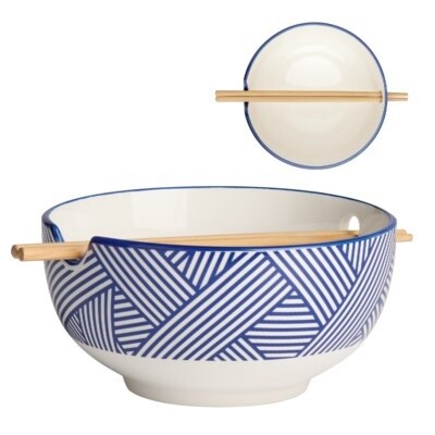 NOODLE BOWL W/CHOPSTICKS BLUE/WHITE